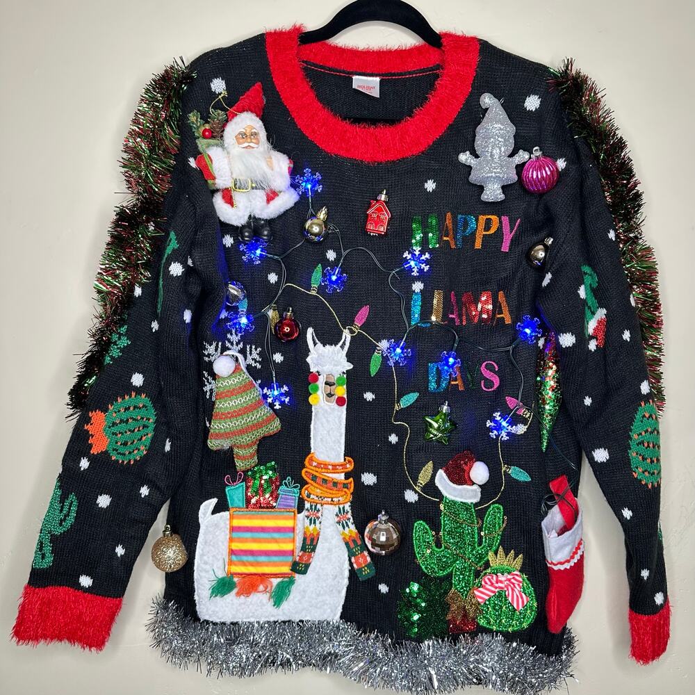 Ugly Christmas Sweater Llama LIGHTS UP Tacky Tinsel Xmas Party Winner Sz Medium